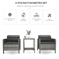 Outsunny 3 Piece Patio Furniture Set w/ Cushions, PE Rattan Outdoor Table And Chairs, 2-Tier Glass Top Coffee Table, Gray(m-4)
