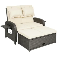 Outsunny Patio Rattan Daybed, Wicker Outdoor Daybed with Storage Ottoman, Loveseat w/ Adjustable Backrest, Beige(m-11)