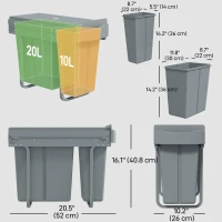 HOMCOM Pull Out Garbage Bin for Kitchen, 7.9 Gallon (30 L) Under Sink Garbage Can, 2 Removable Compartments, Grey(m-3)