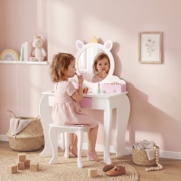 Qaba Kids Makeup Vanity Set with Stool, Mirror, Drawer, Storage Boxes, Unicorn Design, White