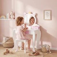 Qaba Kids Makeup Vanity Set with Stool, Mirror, Drawer, Storage Boxes, Unicorn Design, White(m-1)