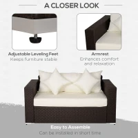 Outsunny Patio Outdoor Sofa, PE Rattan Wicker Loveseat, Outdoor Couch with 2 Throw Pillows & Comfortable Cushions, Cream White(m-6)