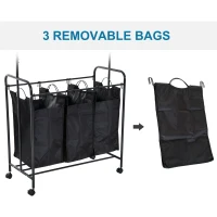HomCom 3 Bag Heavy Duty Divided Laundry Hamper Sorter Cart With Wheels And Hanging Bar - Black(m-6)