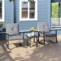 Outsunny 3 Pieces Bistro Set, Patio Wicker Furniture Set with Button Tufted Cushions, Rattan Rocking Chairs, Coffee Table, Gray(m-2)