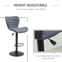 HOMCOM Bar Stools Set of 2, Adjustable Height Swivel Bar Chairs, Linen-feel Fabric Upholstered Kitchen Counter Stools with Wide Seat, Back and Footrest, Grey(m-4)
