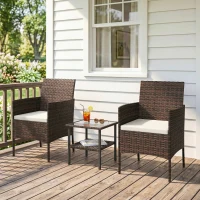 Outsunny Wicker Bistro Set, 3 Piece Patio Furniture Set with 2-Tier Glass Top Table, Cushions for Balcony, Porch, Beige(m-8)