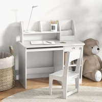 Qaba Kids Desk and Chair Set for 5-8 Year Old with Storage, Study Table and Chair for Children, White(m-8)