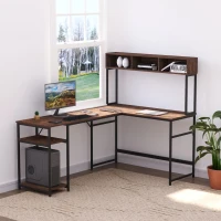 HOMCOM L-Shaped Home Office Desk with Bottom Tower Shelf, 3 Cube Shelves, Computer Writing Desk with Metal Frame, Walnut Brown(m-11)