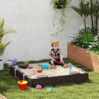 Qaba Kids Sandbox with Cover, 4 Corner Seats, Bottom Liner for Backyard, Garden, Outdoor, 47" x 47" x 9", Dark Brown(m-2)