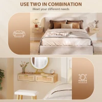 HOMCOM Floating Bedside Tables Set of 2, Wall Mounted Nightstands with Rattan Drawer and Wood Effect, Oak(m-6)