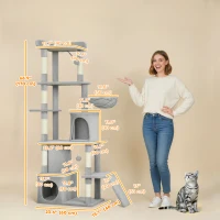PawHut 67" Large Cat Tree with 7 Scratching Posts, Tunnel, 2 Condos, Hammock, Perch, Ramp, Pompoms, Light Grey(m-3)