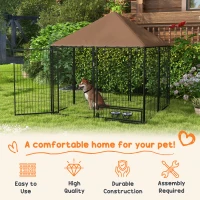 PawHut 4.6' x 4.6' x 5' Outdoor Dog Kennel with Canopy, Rotating Bowls, Coffee(m-4)
