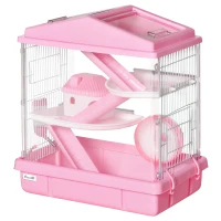PawHut 3-Tier Hamster Cage Rodent Gerbil Habitat Rat House with Steel Wire, Exercise Wheel, Food Dish, Water Bottle, Pink(m-16)