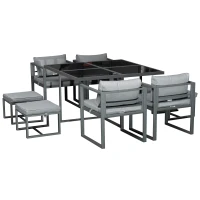 Outsunny 9 Piece Outdoor Patio Dining Set Furniture Set with 4 Chairs, 4 Ottomans, & Glass Table with Cushions & Aluminum Frame(m-14)