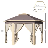Outsunny 11' x 13' Pop Up Gazebo Canopy Tent with Zippered Mesh Sidewalls and Carrying Bag, Event Tent Shelter for Patio Garden Backyard, Beige(m-3)