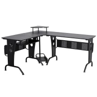 HOMCOM L-Shaped Corner Computer Office Desk Workstation with Elevated Shelf, Rolling Keyboard Tray, & Convenient CPU Stand, Black(m-1)