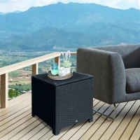 Outsunny Rattan Side Table Wicker Coffee Table with Glass Top Outdoor Patio Furniture For Patio Poolside Garden Lawn, Black(m-8)