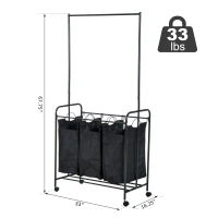 HomCom 3 Bag Heavy Duty Divided Laundry Hamper Sorter Cart With Wheels And Hanging Bar - Black(m-3)