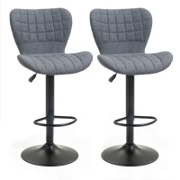 HOMCOM Bar Stools Set of 2, Adjustable Height Swivel Bar Chairs, Linen-feel Fabric Upholstered Kitchen Counter Stools with Wide Seat, Back and Footrest, Grey(m-2)