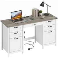 HOMCOM Computer Desk with Drawers Office Desk with 7 Drawers Charging Station Study Table 57" Brown White(m-13)