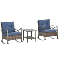 Outsunny 3 Piece Rocking Bistro Set, Outdoor Wicker Patio Conversation Set with Rockers, Table, Cushions, for Garden, Dark Blue(m-1)