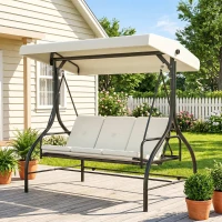 Outsunny Convertible Patio Swing Bed with Canopy and Cushions, 3 Seater Porch Swing for Outdoor, Backyard, Garden, Cream White(m-8)