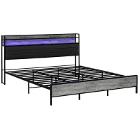 HOMCOM King Bed Frame with Storage Upholstered Headboard, King Size Bed Frame with LED Lights, Charging Station, Cement Gray(m-11)