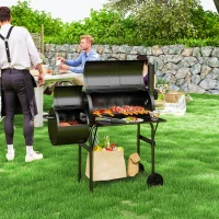 Outsunny Portable Outdoor Charcoal BBQ Grill with Offset Smoker, Barbecue Grill with Spacious Cooking Area, 2 Shelves, Thermometer, Wheels for Patio Backyard Party, Black(m-8)