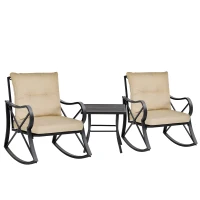 Outsunny 3-Piece Patio Bistro Set Outdoor Rocking Coffee Table Chair Set with Curved Base, Soft Cushions, Steel Frame, Beige(m-22)