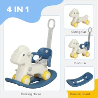Qaba 4 in 1 Rocking Horse for Toddles 1-3 Years with Detachable Push Handle & Balance Board, Blue(m-4)