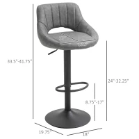 HOMCOM Bar Stools Set of 2, Swivel Counter Height Barstools with Adjustable Height and Cutout Back, Faux Leather Upholstered Bar Chairs with Round Metal Base and Footrest, Grey(m-3)