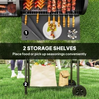 Outsunny Portable Outdoor Charcoal BBQ Grill with Offset Smoker, Barbecue Grill with Spacious Cooking Area, 2 Shelves, Thermometer, Wheels for Patio Backyard Party, Black(m-7)