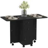 HOMCOM Drop Leaf Dining Table, Mobile Folding Table on Wheels with Drawers and Cabinet for Dining Room, Kitchen, Black(m-9)