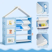 Qaba Kids Toy Storage Organizer with 4 Bins, Storage Cabinets, Bookshelf and 4-Layers Toy Collection Shelves, Blue(m-5)