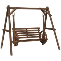 Outsunny 2-Seat Porch Swing with A-Frame Stand, Wooden Log Patio Swing Chair Bench with Wagon Wheel Armrests, Carbonized Brown(m-11)