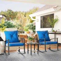 Outsunny 3 Pieces Bistro Set, Patio Wicker Furniture Set with Button Tufted Cushions, Rattan Rocking Chairs, Coffee Table, Blue(m-9)
