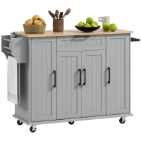 HOMCOM Modern Rolling Kitchen Island Cart with Drawers, Natural Wood Top, Towel Rack, Door Storage Cabinet, Grey(m-9)