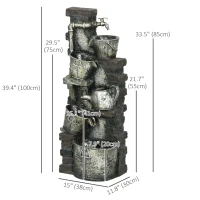 Outsunny 5-Tiered Faucet & Barrel Outdoor Water Fountain with LED Lights, Adjustable Flow, 39.4-inch Resin Waterfall Fountain(m-3)