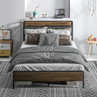 HOMCOM Full Size Bed Frame with Charging Station, Full Bed Frame with Upholstered Headboard and Storage Shelf, Walnut(m-8)