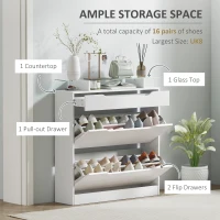 HOMCOM High Gloss Shoe Cabinet with 2 Flip Drawers and Adjustable Shelves, Narrow Shoe Storage Cabinet with Glass Top, White(m-5)