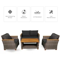 Outsunny 4 Piece Patio PE Rattan Wicker Sofa Set with Acacia Wood Coffee Table, 2 Comfort Single Chairs & 2 Person Couch(m-5)