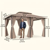Outsunny 10' x 13' Patio Gazebo, Outdoor 2-Tiers Garden Canopy Yard Sunshade Shelter with Curtains, Khaki(m-10)