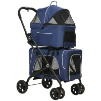 PawHut 3-in-1 Double Pet Stroller for Small Miniature Dogs Cats with Removable Carrier, Foldable Travel Carrier Bag, Car Seat, Blue(m-2)