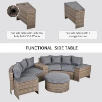 Outsunny 8 Piece Outdoor Rattan Sofa, Half Round Patio Furniture Set with Side Tables, Umbrella Hole, and Cushions, Mixed Kahki and Mixed Gray(m-6)