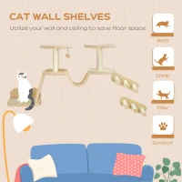 PawHut 3pc Cat Wall Shelves w/ Scratching Post, Perches, Ladder, Steps & Scratching Board, Beige(m-4)