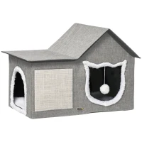 PawHut Large Cat Bed for Indoor, Cat House Hideaway with Soft Cushion, Scratching Pad, Dangling Ball, Dual Entrances, Grey(m-9)