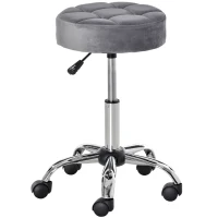 HOMCOM Round Rolling Stool, Height Adjustable Vanity Chair, Upholstery Office Chair with Swivel Seat and Wheels, Grey(m-11)
