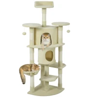 PawHut 62" Cat Tree with Scratching Post, 2 Condos, Hammock, Perches, Plush, Pompoms, for Indoor Cats, Beige(m-9)