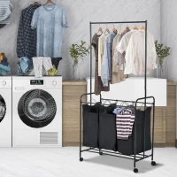 HomCom 3 Bag Heavy Duty Divided Laundry Hamper Sorter Cart With Wheels And Hanging Bar - Black(m-10)