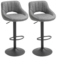 HOMCOM Bar Stools Set of 2, Swivel Counter Height Barstools with Adjustable Height and Cutout Back, Faux Leather Upholstered Bar Chairs with Round Metal Base and Footrest, Grey(m-2)